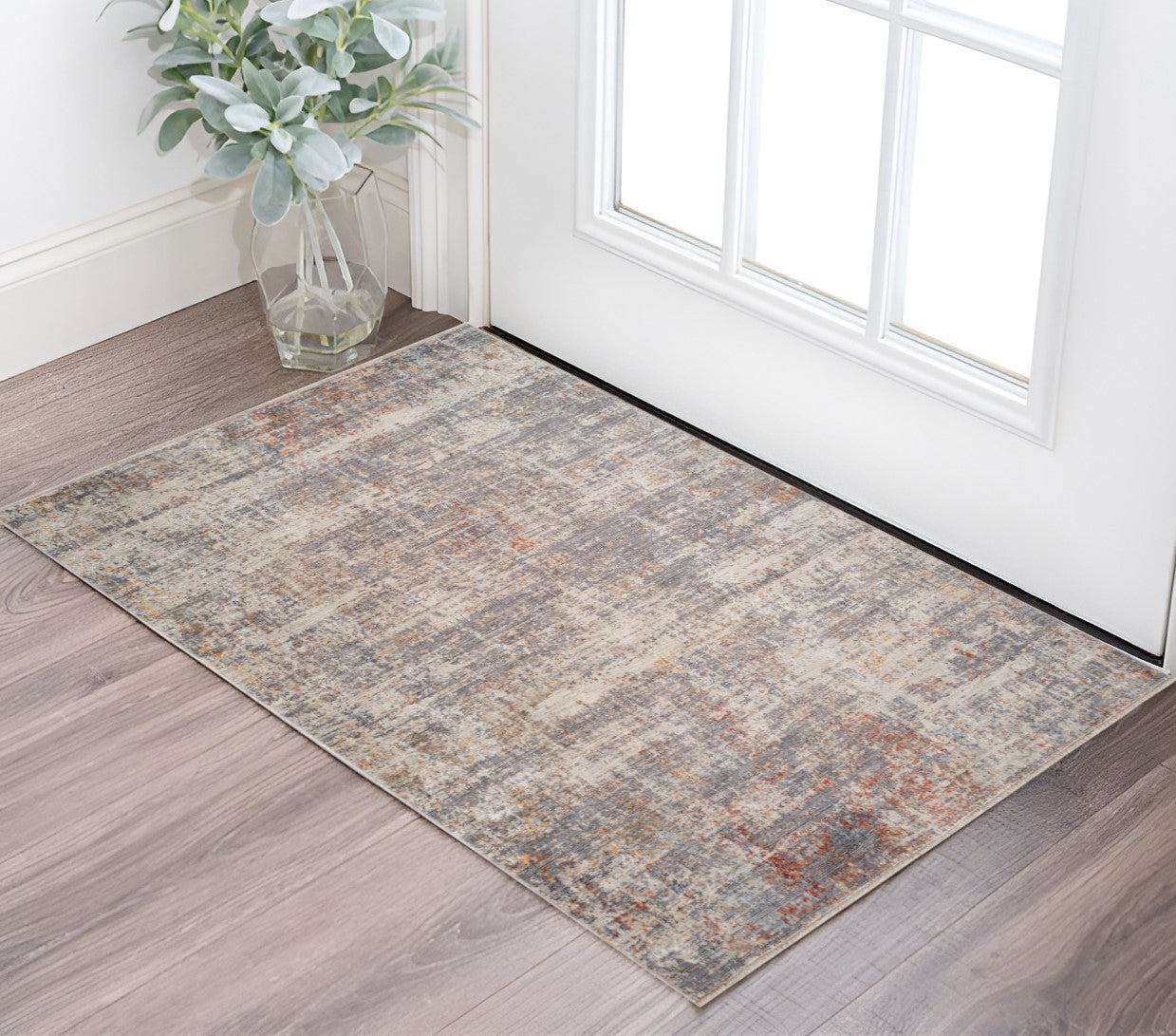 2 X 3 Gray Ivory And Brick Red Abstract Area Rug With Fringe