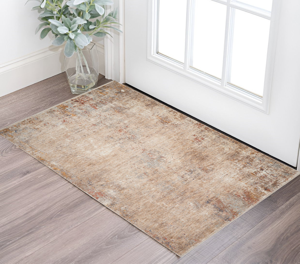 2 X 3 Beige And Brown Abstract Area Rug With Fringe