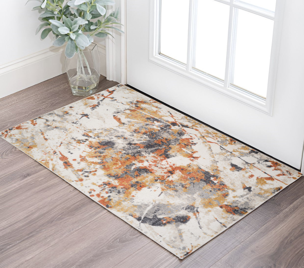 2 X 3 Ivory Orange And Gray Abstract Area Rug