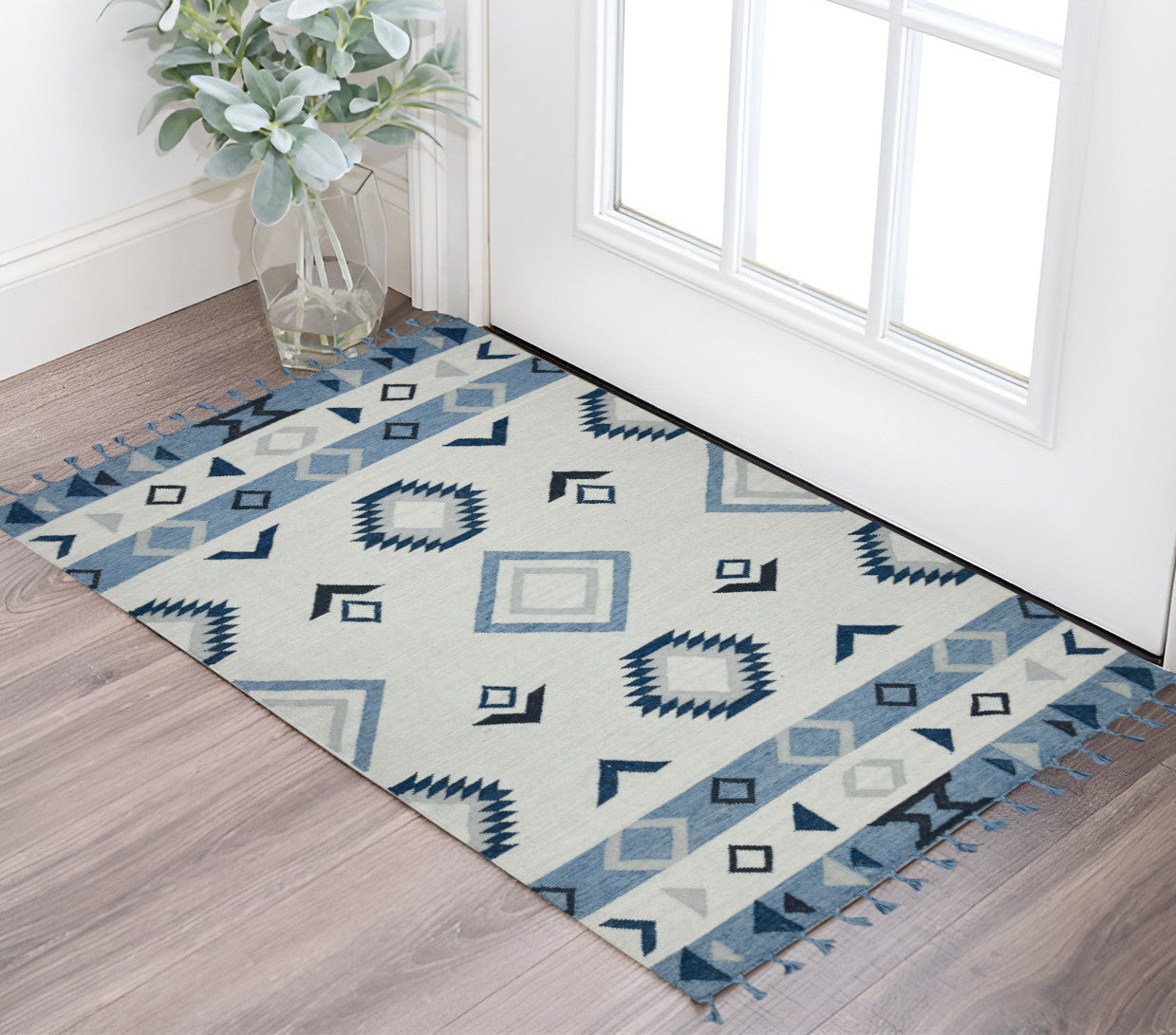 2 X 3 Black Gray And Sky Blue Wool Abstract Geometric Handmade Area Rug With Fringe