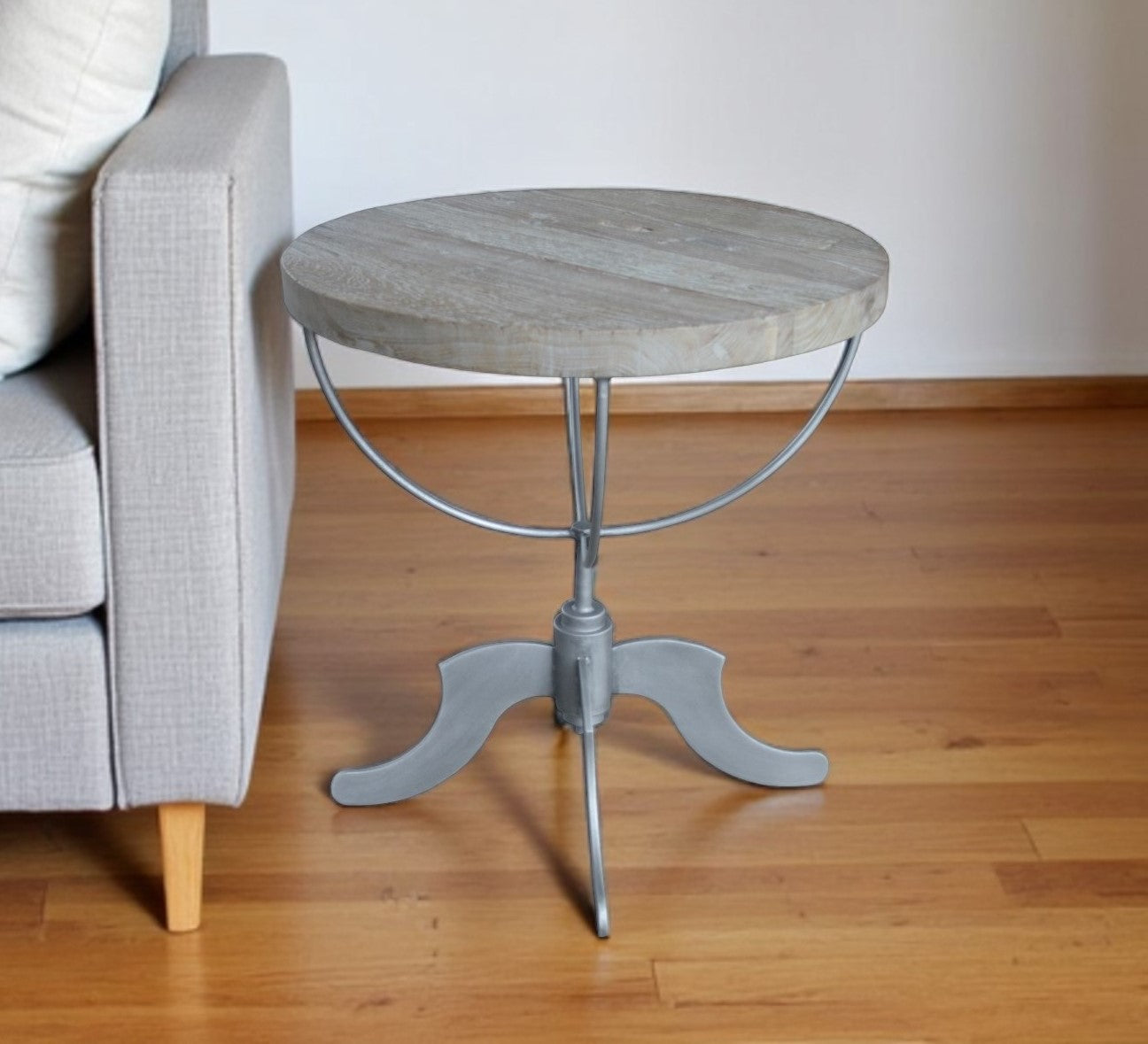 30 Brown Reclaimed Wood and Iron Round Pedestal End Table