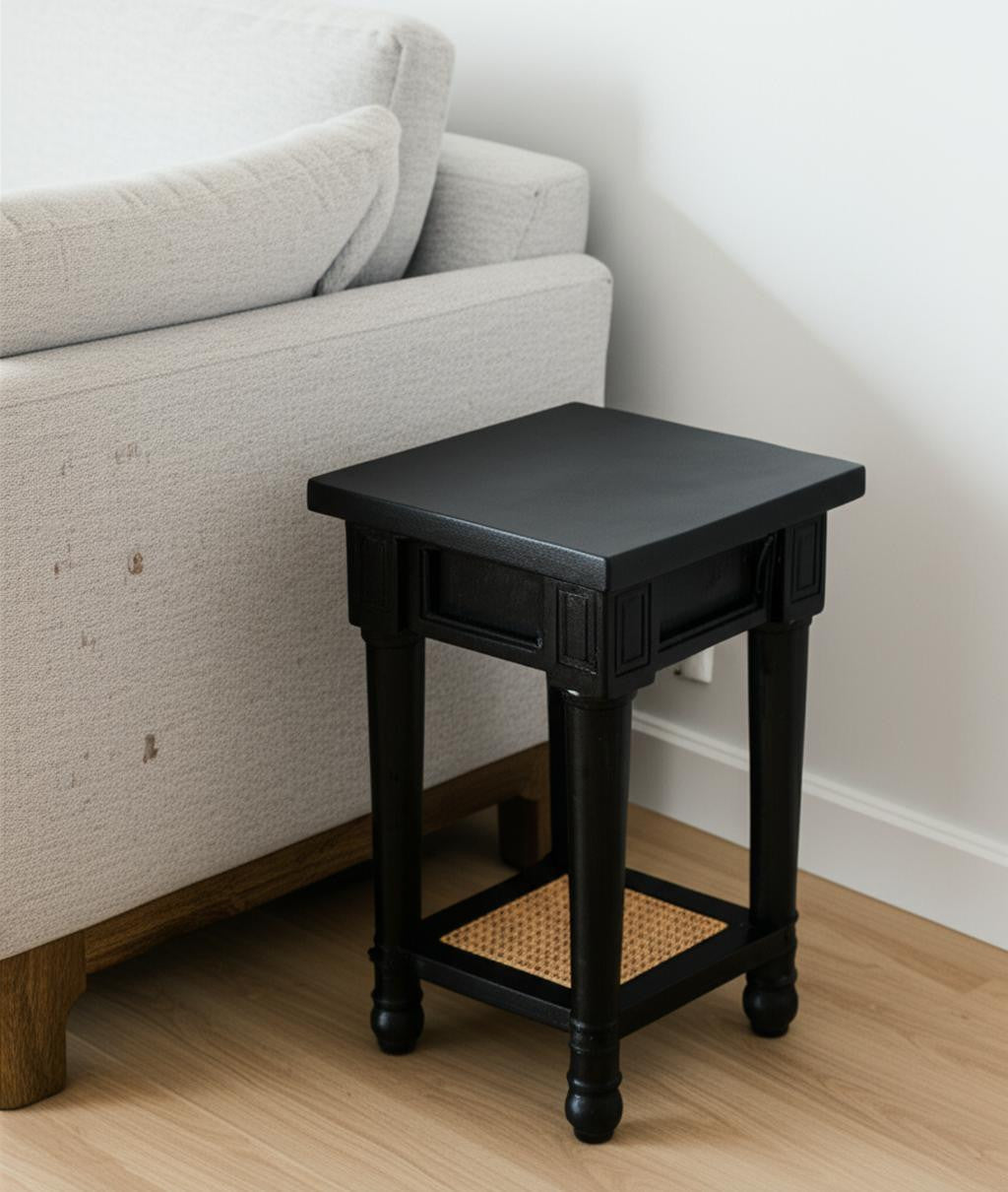 20 Black And Natural Solid Wood And Cane Square End Table With Shelf