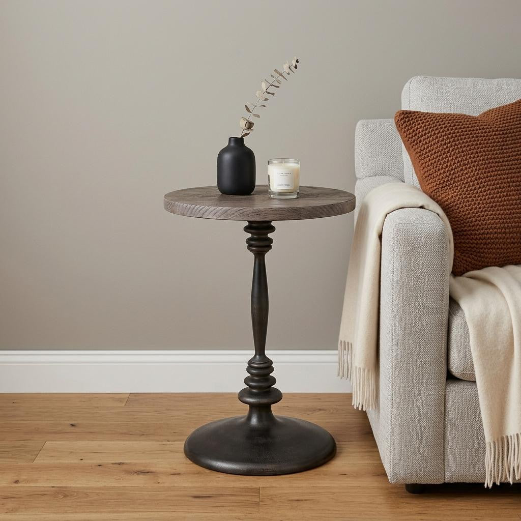21 Inch Natural and Black Distressed Solid Wood and Iron Round Pedestal End Table