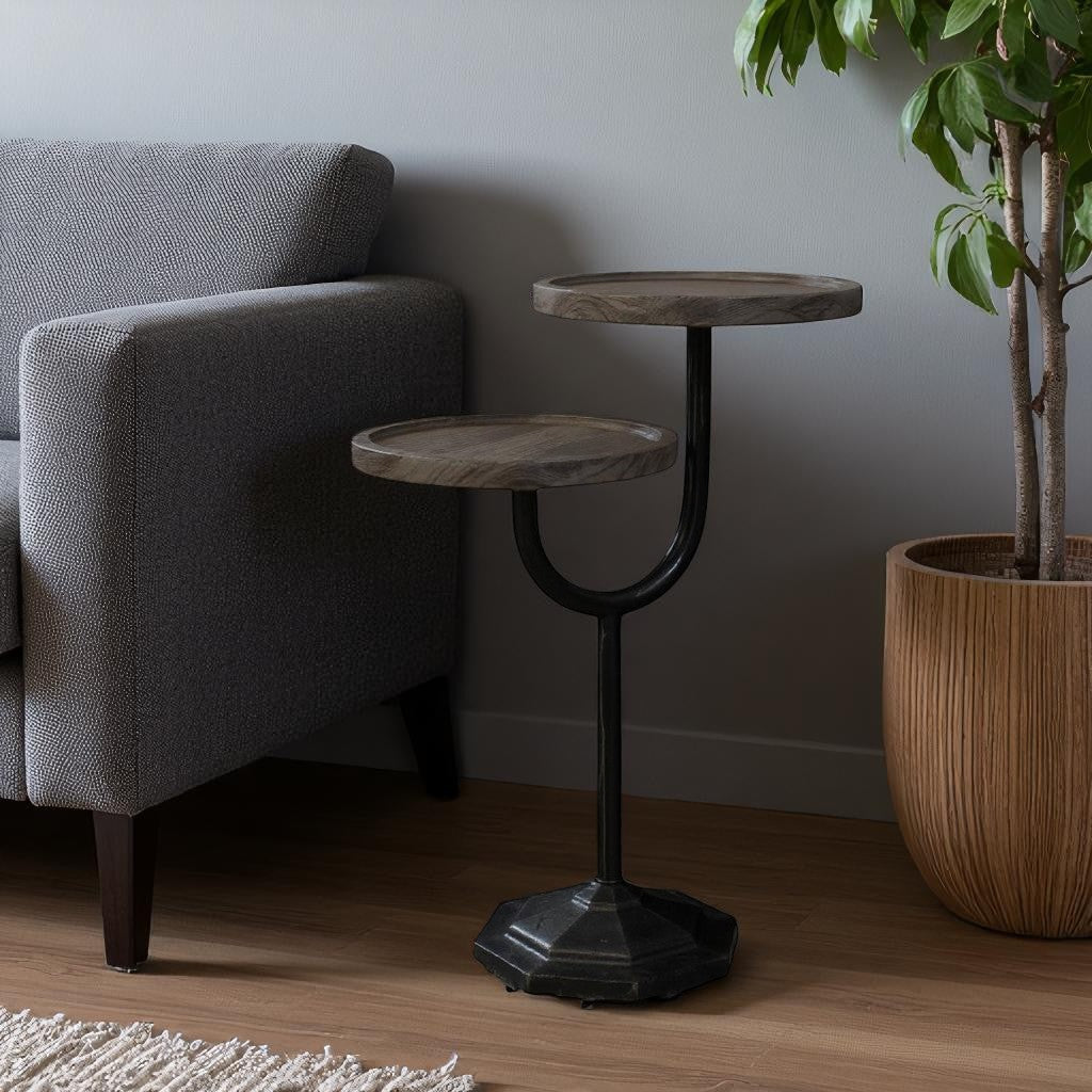 19 Natural and Black Solid Wood and Iron Round Double Tray Top End Table