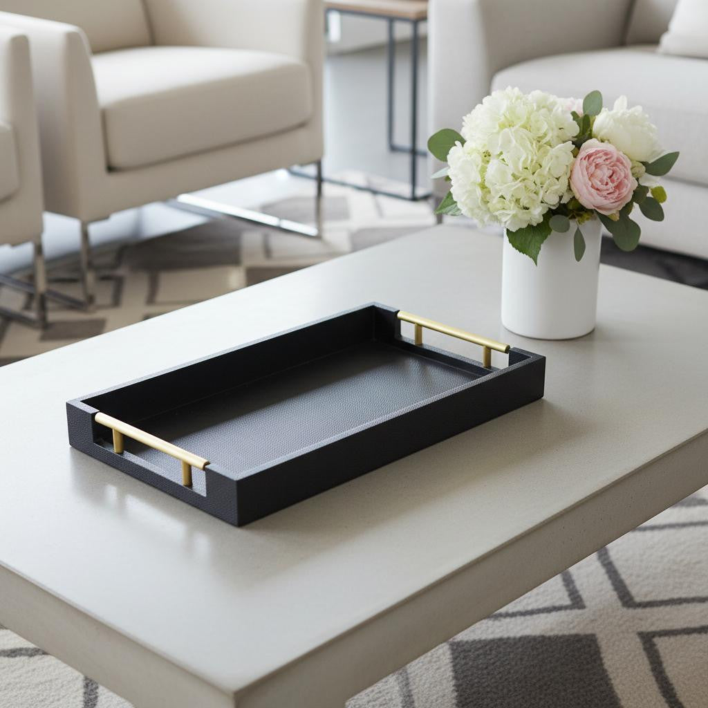 16 Black Wood Faux Shagreen Serving Tray With Handles