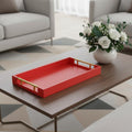 16 Red Wood and Vinyl Faux Shagreen Handmade Serving Tray With Handles
