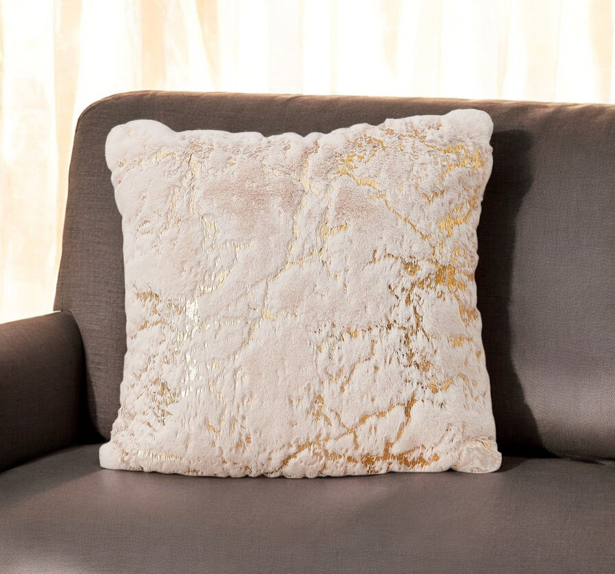 18'' Ivory And Gold Abstract Faux Fur Throw Pillow