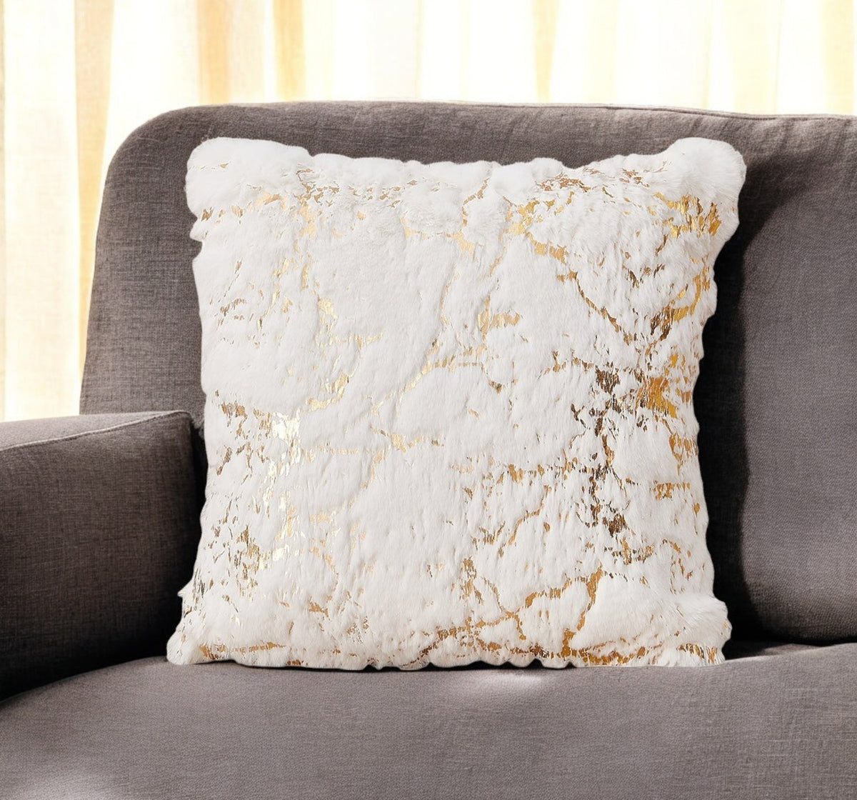22'' White And Gold Abstract Faux Fur Throw Pillow