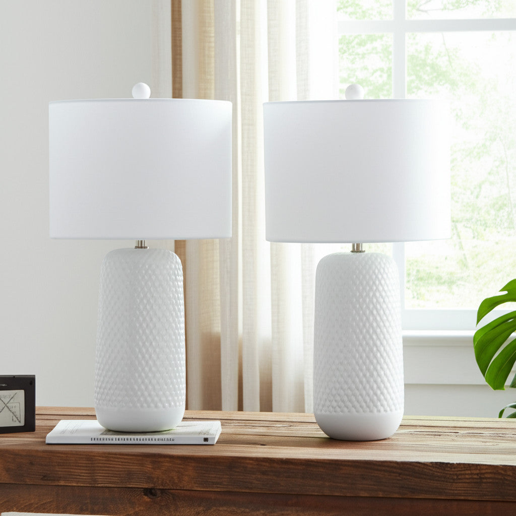 Set of Two 30'' White Textured Ceramic Table Lamps With White Drum Shades