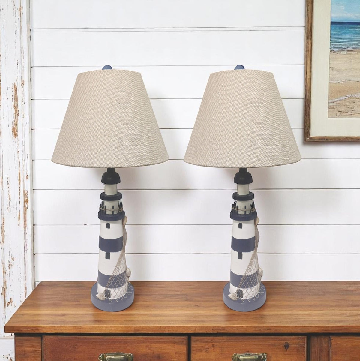 Set of Two 30'' Blue And White Lighthouse USB Table Lamps With Cream Cone Shade
