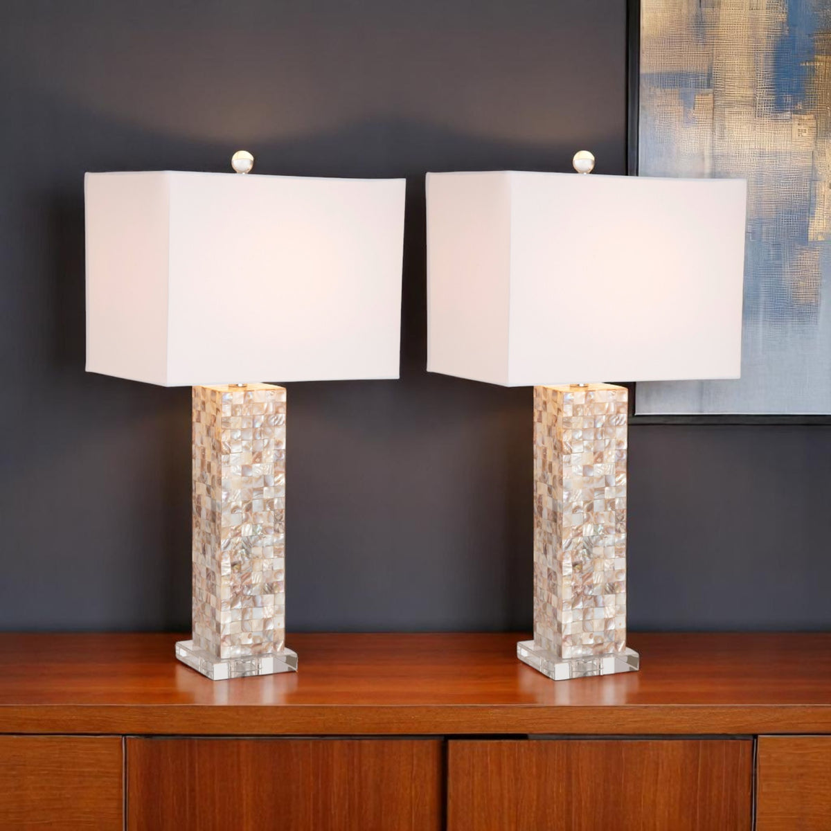 Set of Two 28'' Beige Mother Of Pearl Table Lamps With White Shade