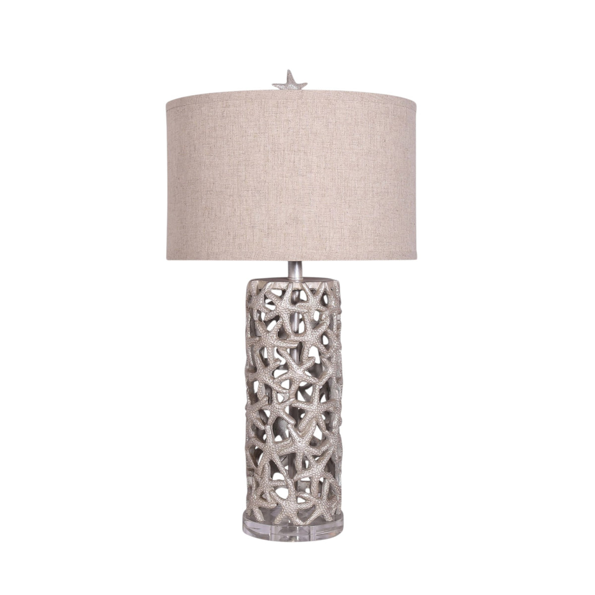 Set of Two 30'' Silver Coastal Starfish Table Lamps With Beige Drum Shades