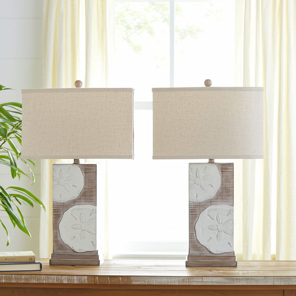 Set of Two 28'' Brown And White Coastal Sand Dollar USB Table Lamp With Tan Shade