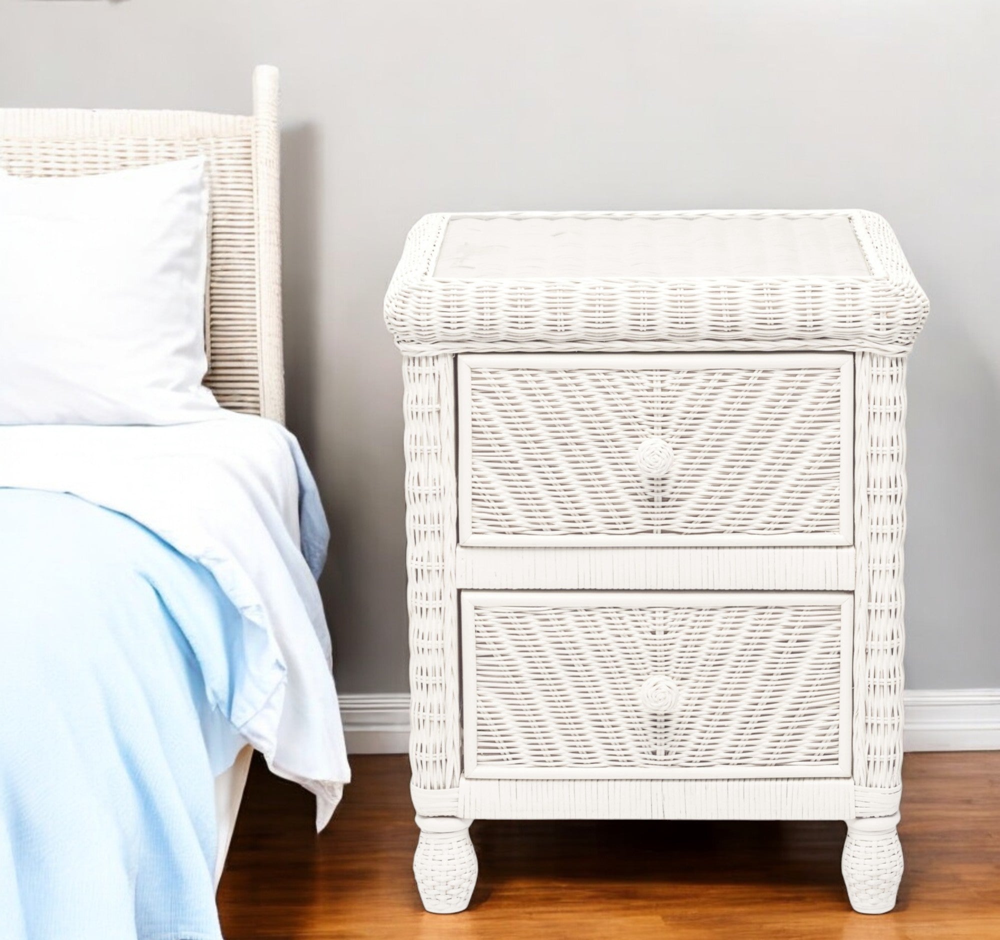 26'' White Wicker And Glass Two Drawer Nightstand