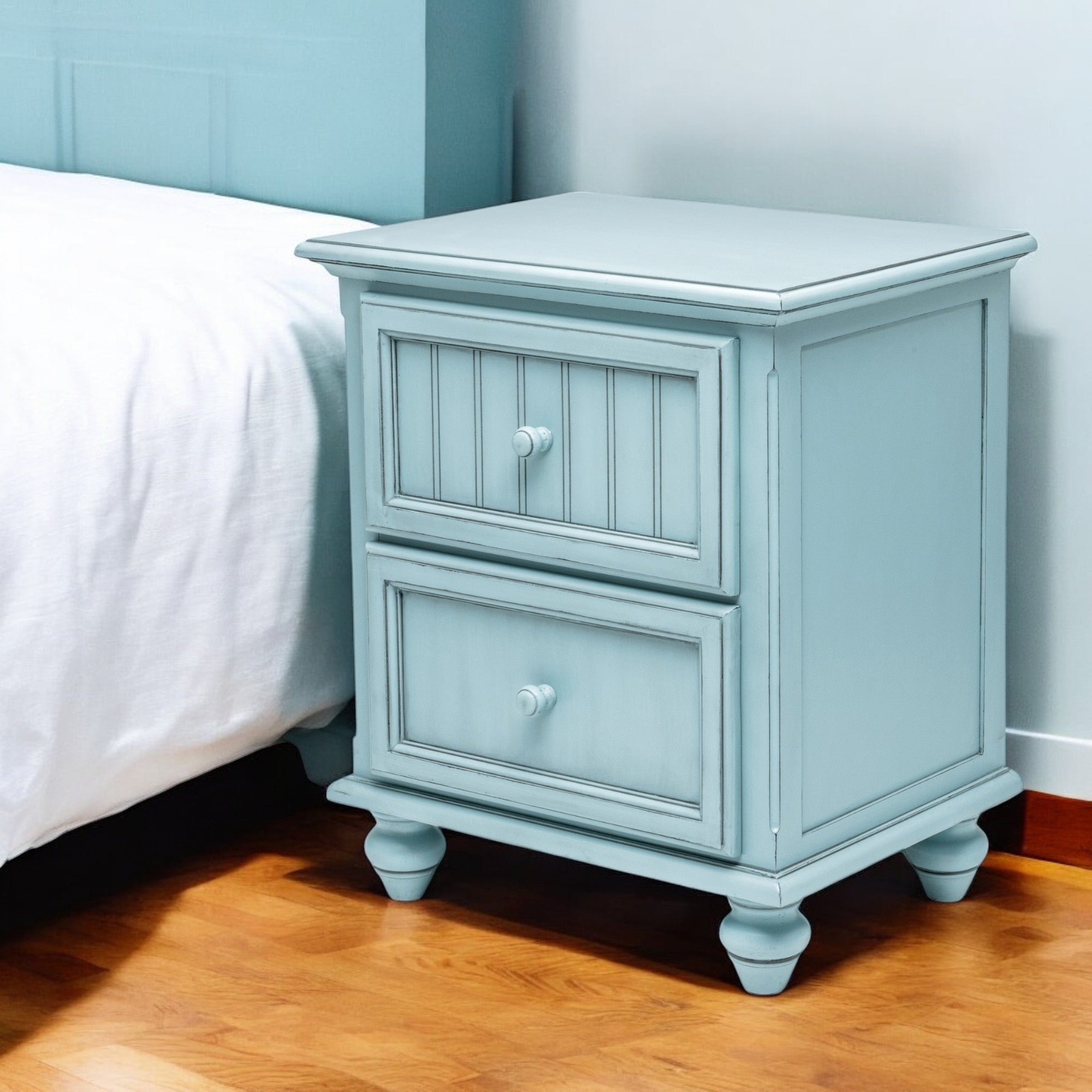 28'' Blue Solid Wood Distressed Two Drawer Nightstand With USB Port