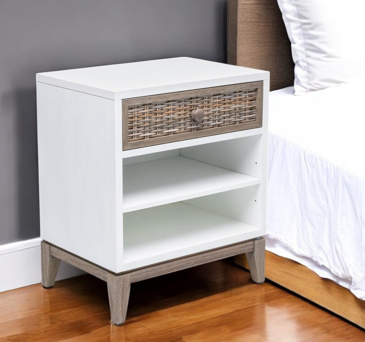 28'' Natural And White Solid Wood Wicker and Wood One Drawer Nightstand With USB Port