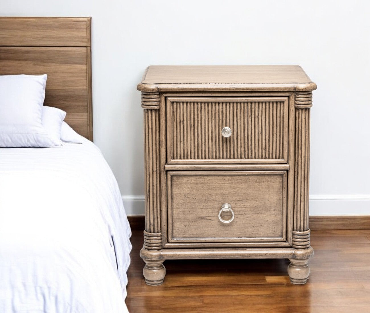 28'' Natural Solid Wood and Wicker Ribbed Texture Two Drawer Nightstand With USB Port