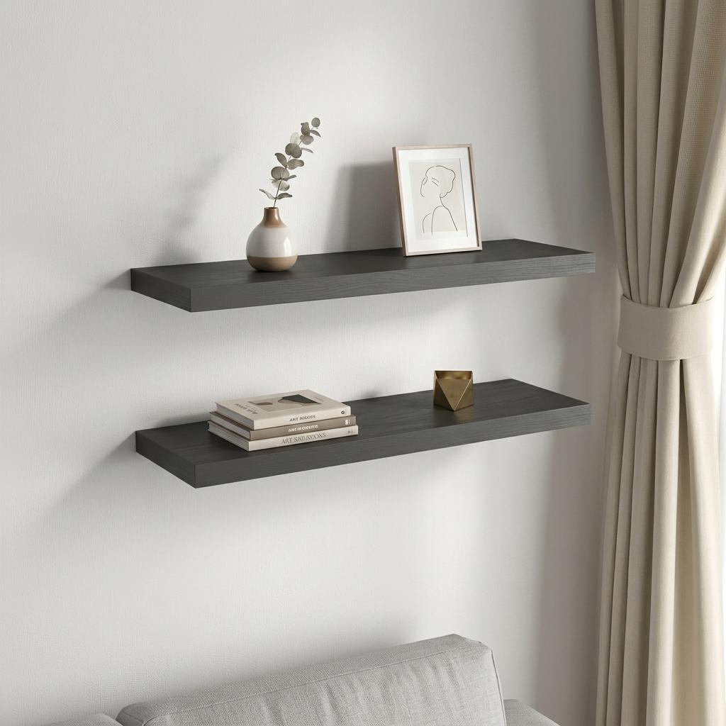 32 Set Of Two Dark Gray Wood Wall Mounted Floating Shelves