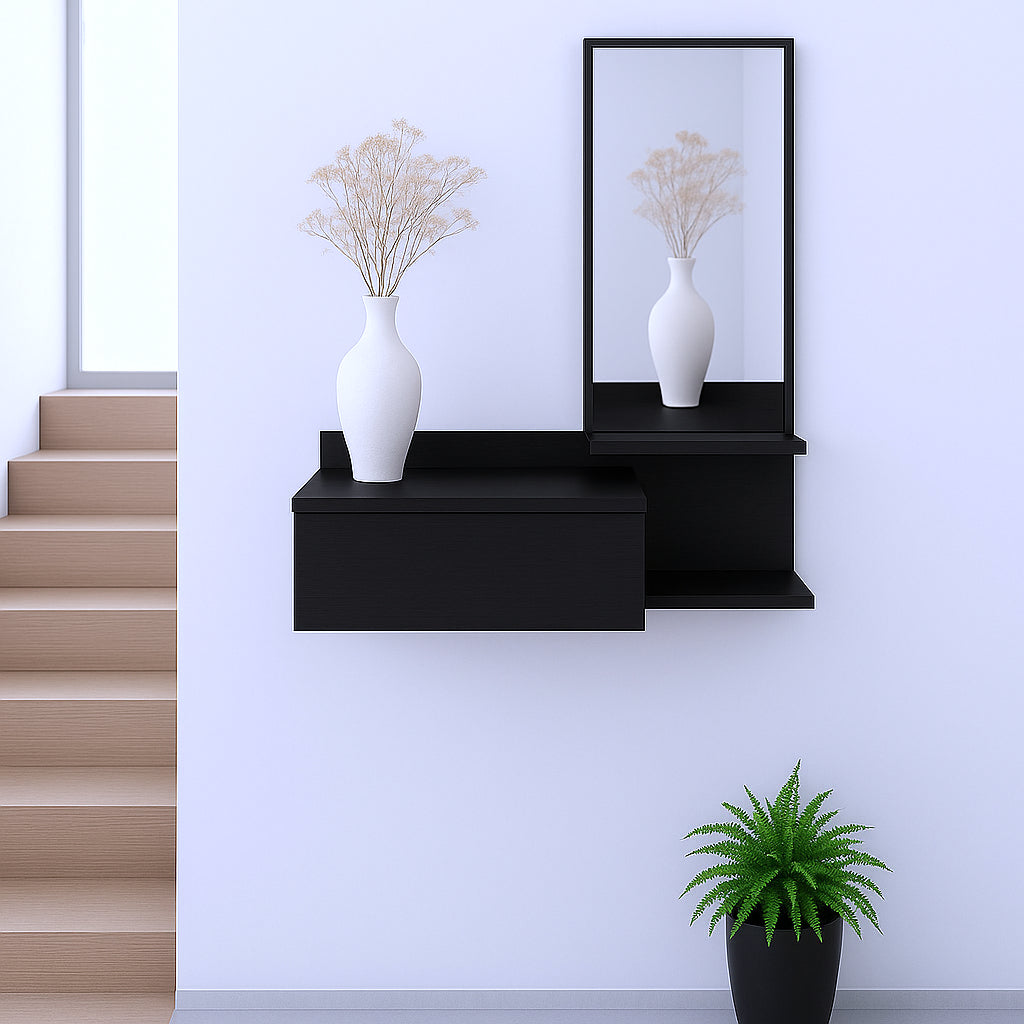 36 Black Wood Wall Mounted Accent Cabinet With Drawer And Mirror