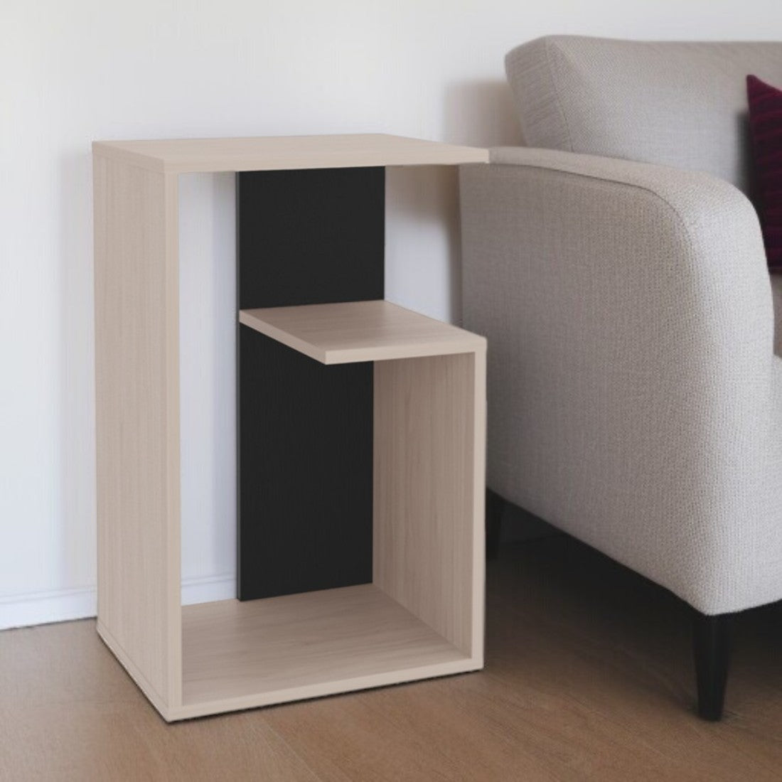 25'' Off White And Black Wood Floor Shelf End Table With Two Shelves