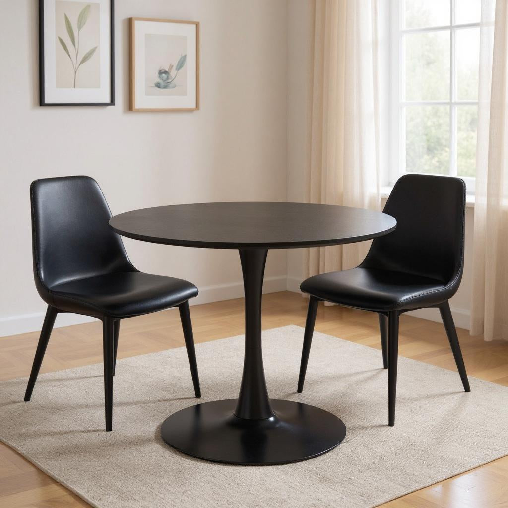 36 Black Wood and Steel Pedestal Base Round Top Dining Table