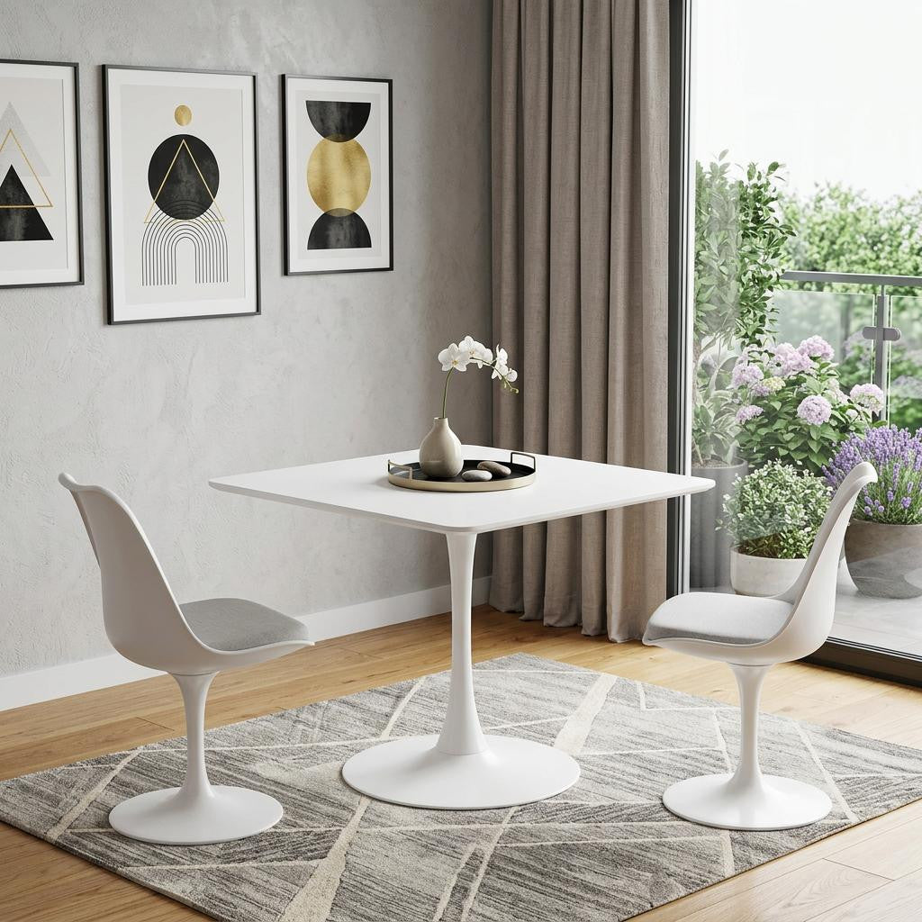 36 White Wood and Steel Pedestal Base Square Dining Table