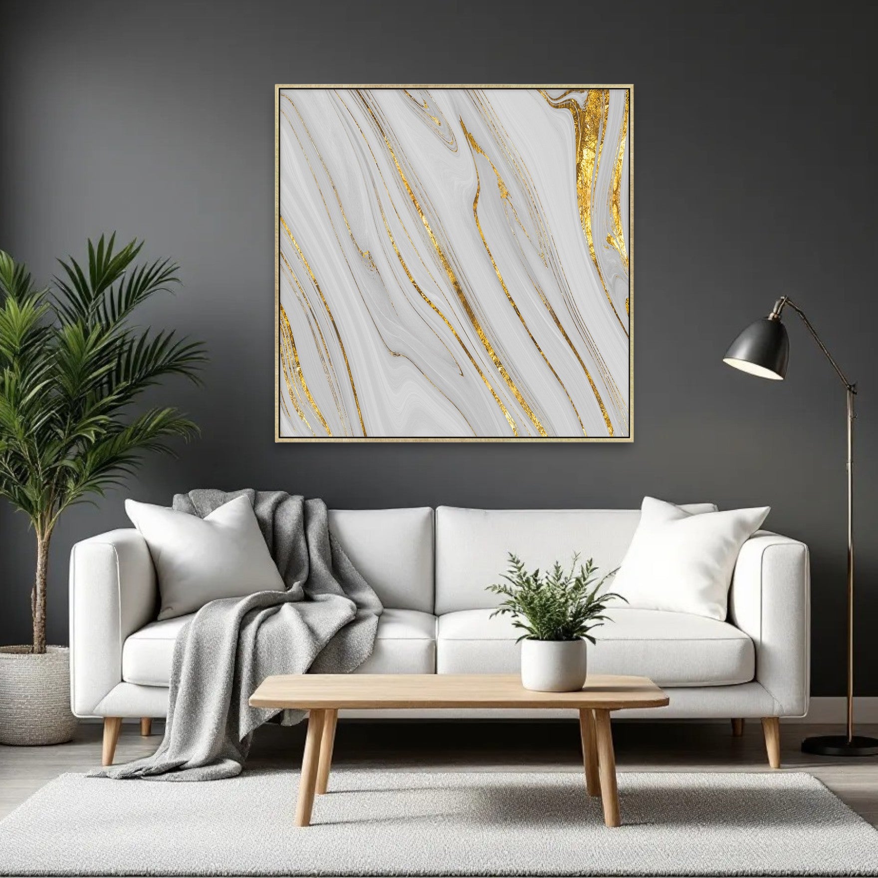 Gold And White Faux Marble Gold Square Framed Wall Art