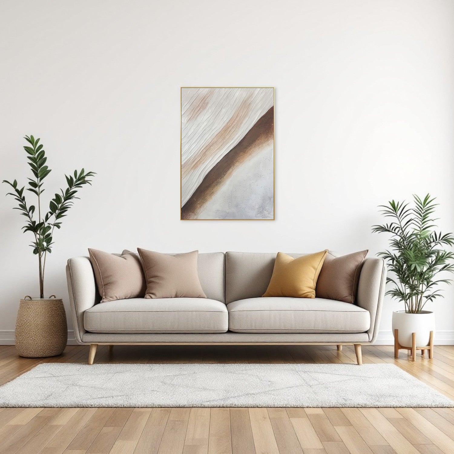 Beige White And Brown Modern Abstract Gold Framed Oil Painting Wall Art