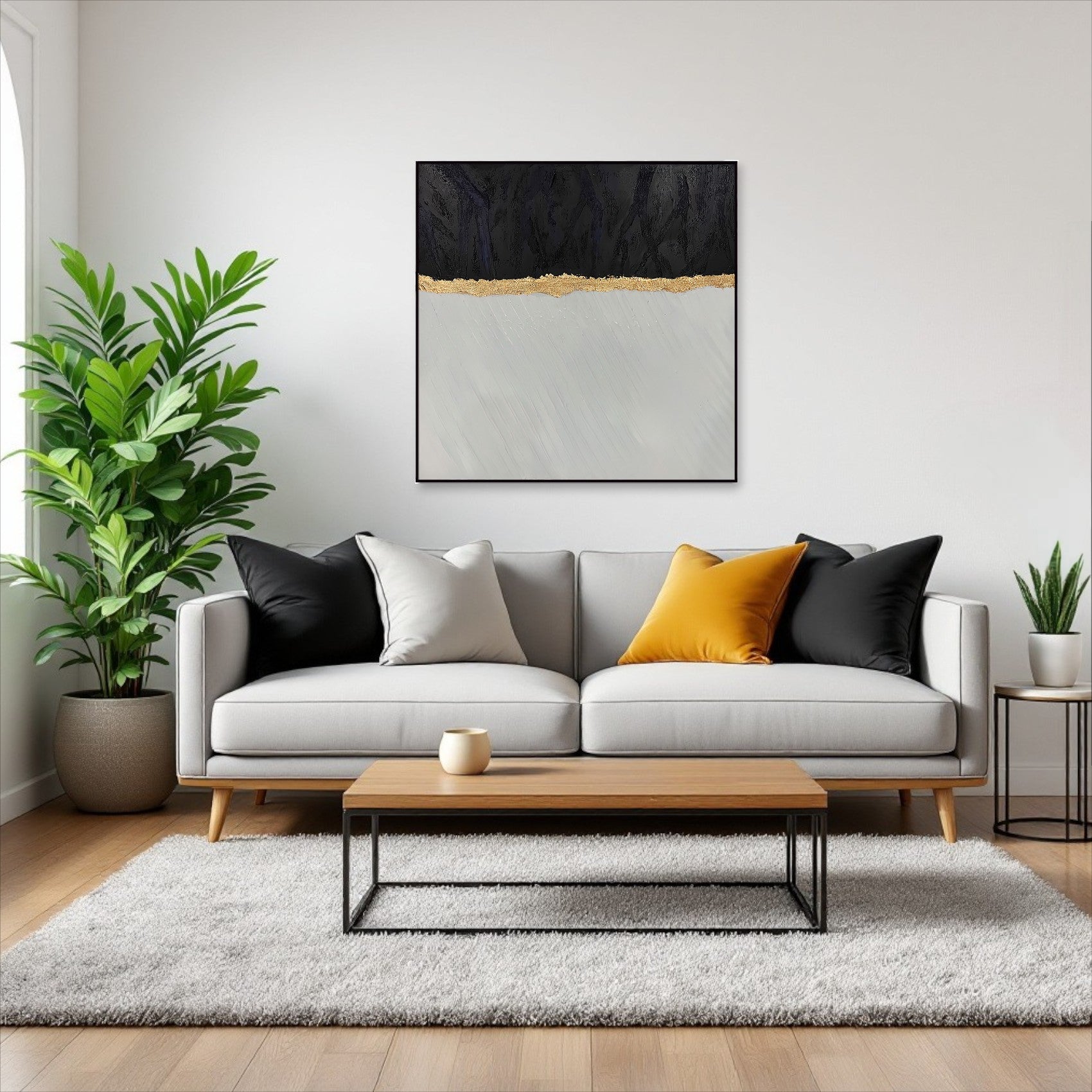 Black White And Gold Modern Abstract Black Framed Oil Painting Wall Art