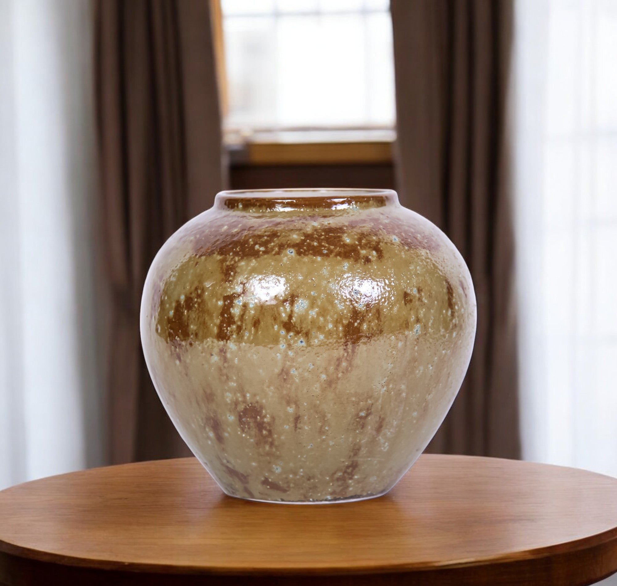 9'' Beige and Brown Abstract Oval Ceramic Table Vase