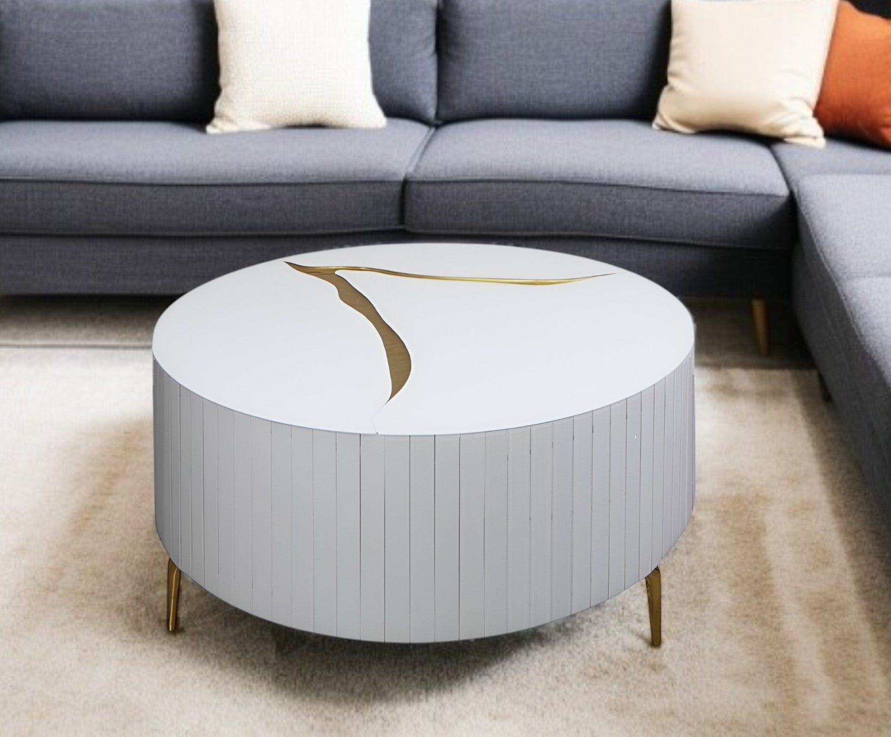 40'' White And Gold Wood Mod Abstract Design Round Coffee Table