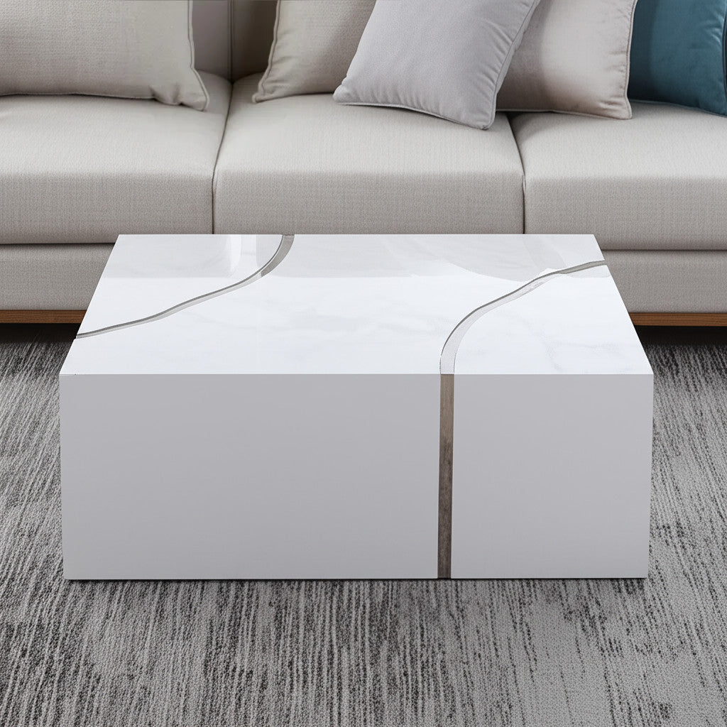 48'' White And Silver Glass and Wood Solid Base Coffee Table