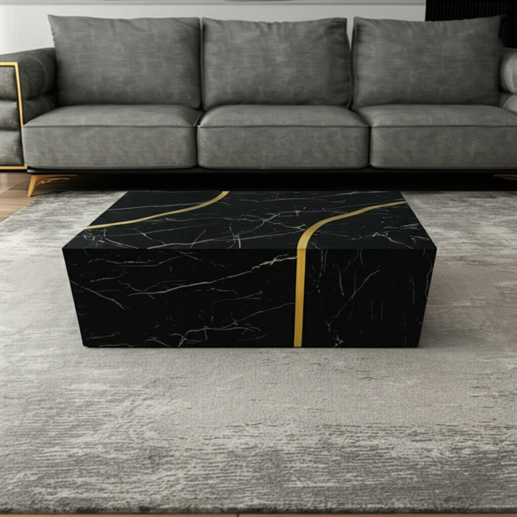 48'' Black and Gold Faux Marble Glass Solid Base Coffee Table