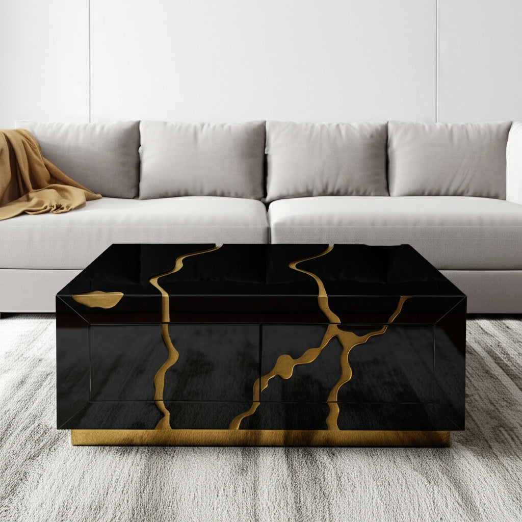 40'' Black and Gold Wood Solid Base Coffee Table With Drawers