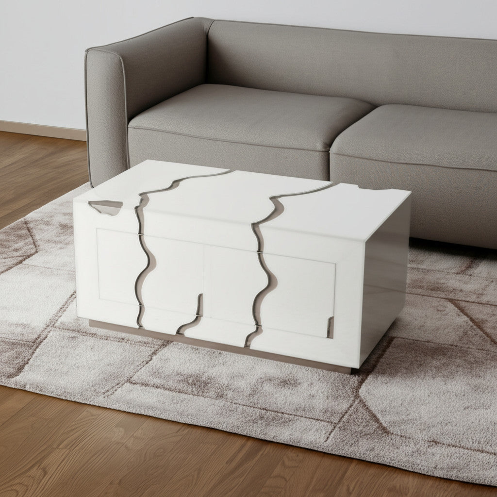 40'' White And Silver Modern Abstract Wood Solid Base Coffee Table With Four Drawers
