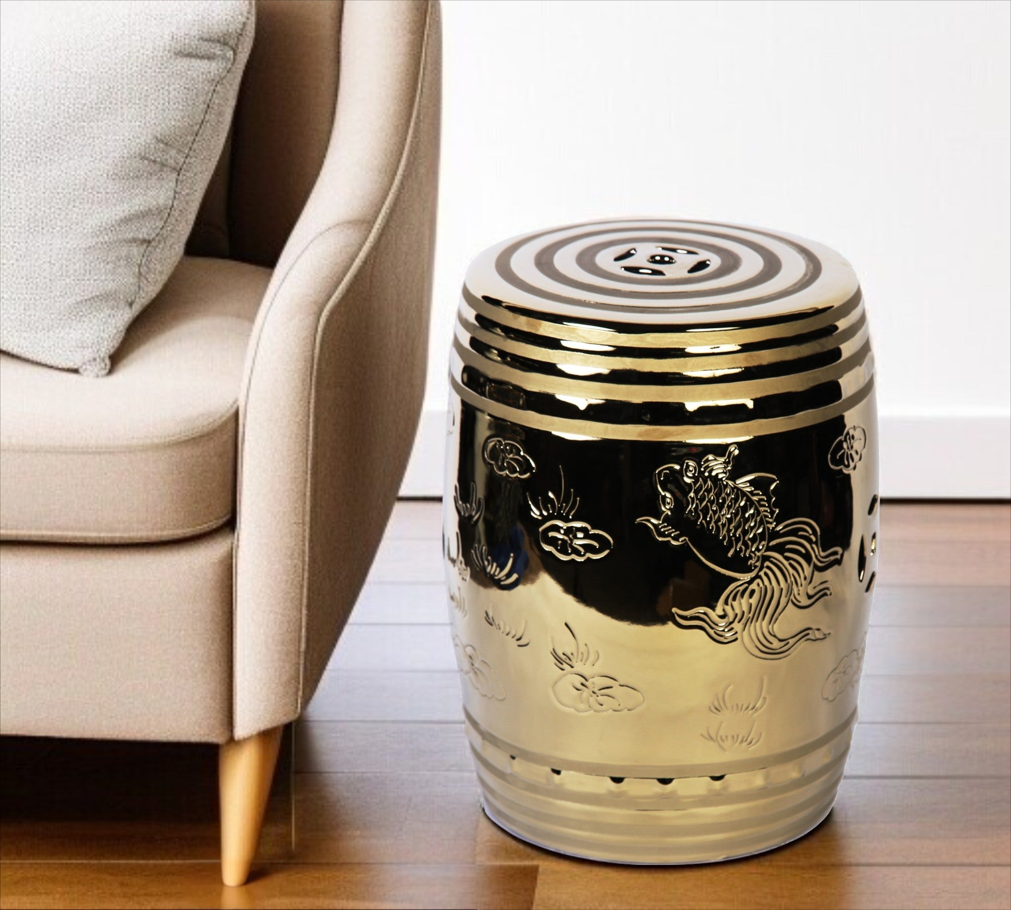 17'' Gold Chrome Plated Ceramic Round Drum End Table