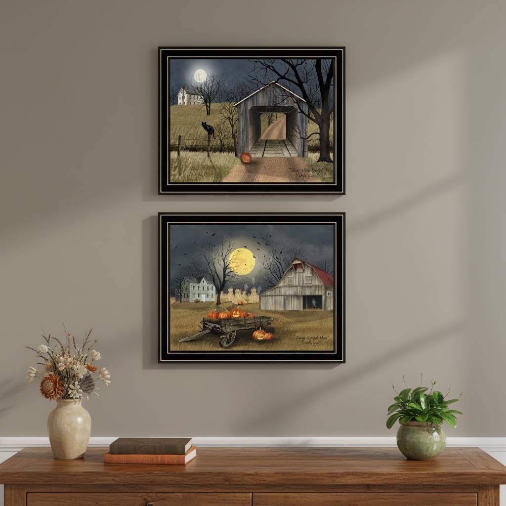Set Of Two Halloween At Night In The Country Black Framed Wall Art