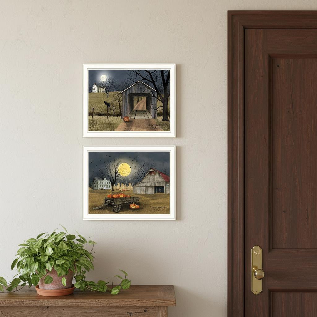 Set Of Two Halloween At Night In The Country White Framed Wall Art