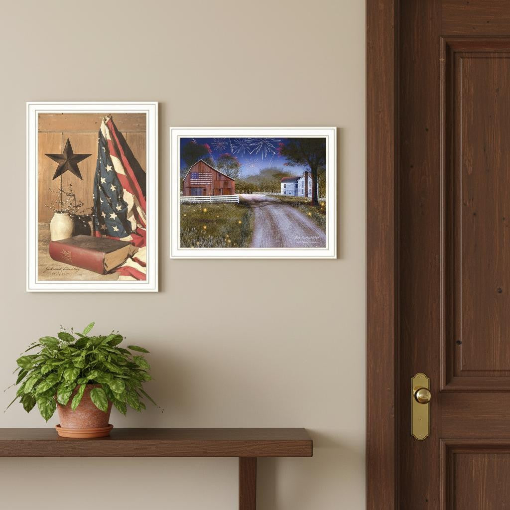 Set Of Two Star Spangled Night God And Country White Framed Wall Art