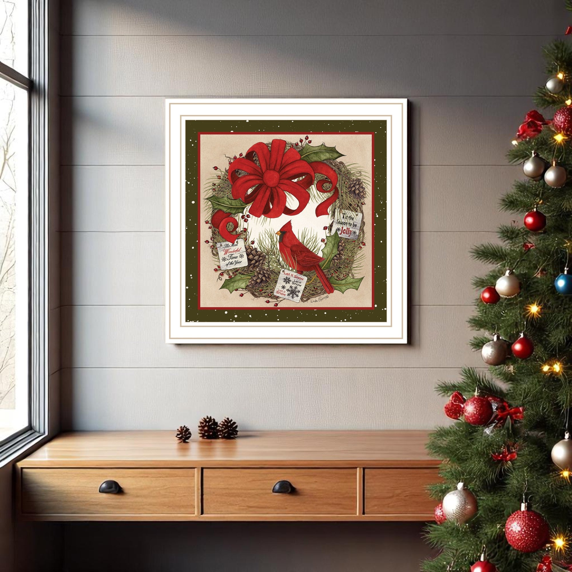 Cardinal Wreath White Framed Wall Art