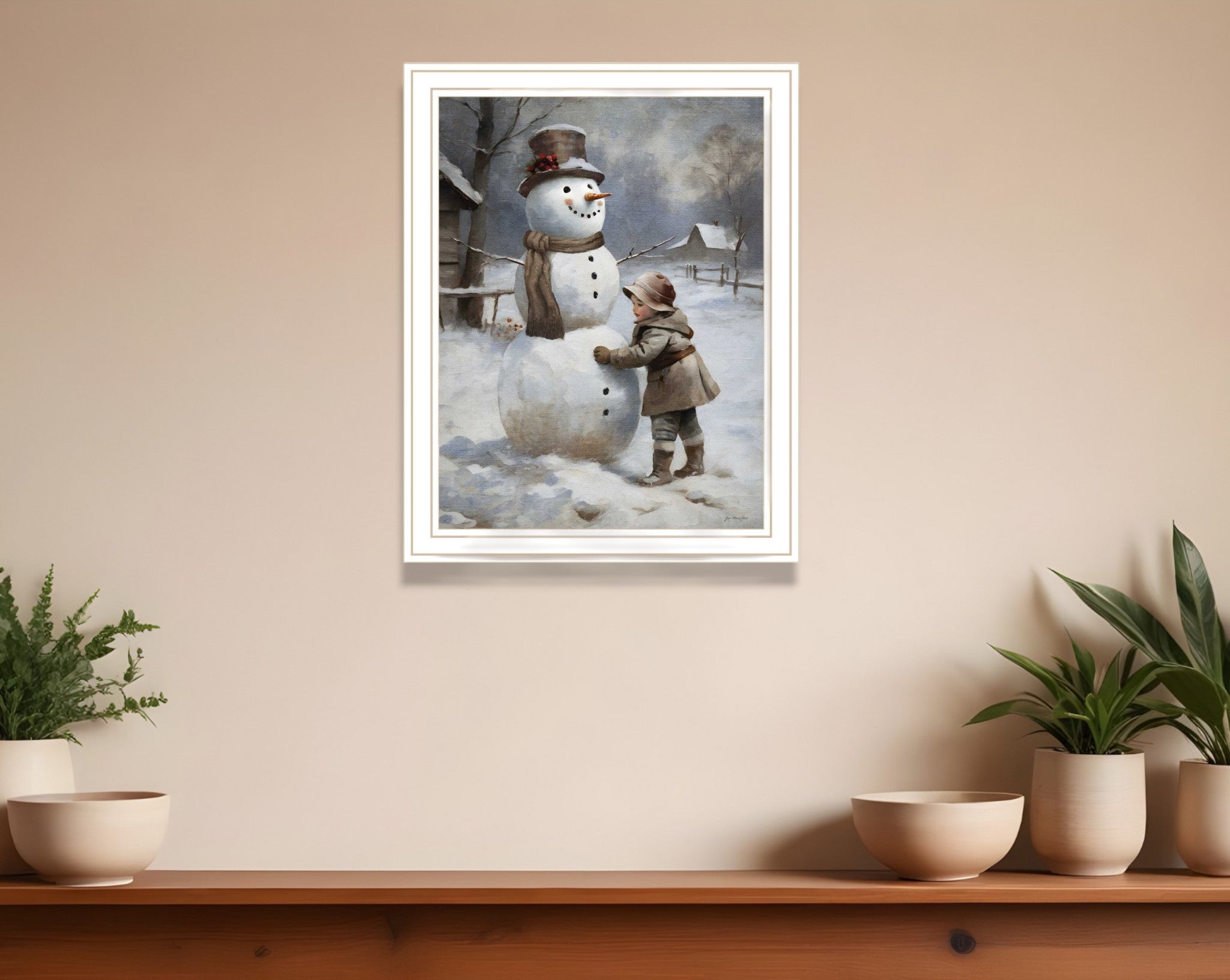 Boy Building A Snowman White Framed Wall Art