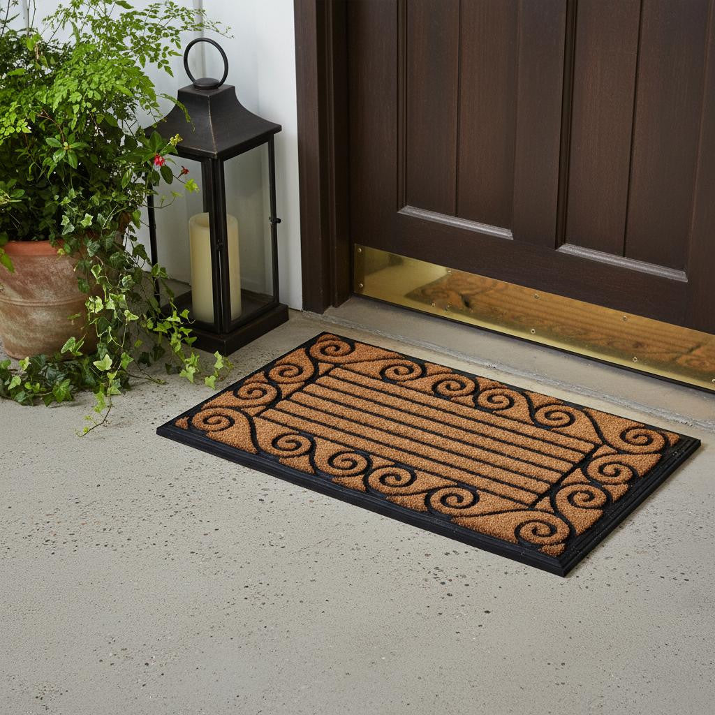 18 X 30 Beige and Black Scroll and Lines Rubber and Coir Outdoor Door Mat