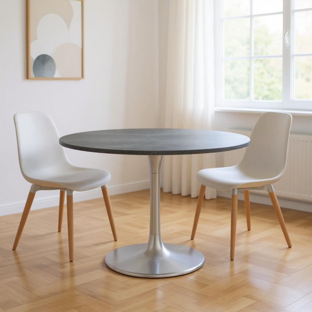 48 Gray and Silver Marble and Aluminum Pedestal Base Round Top Dining Table