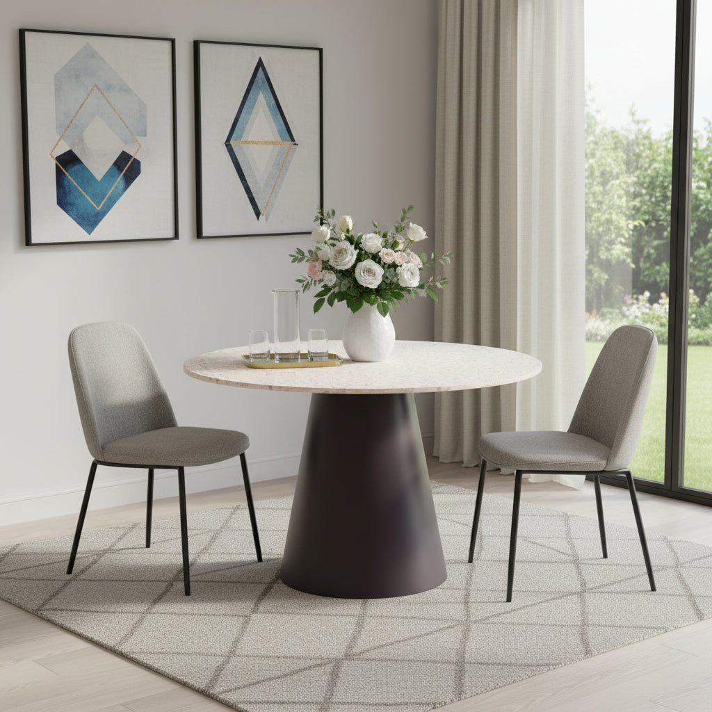 48 Beige and Black Wood and Steel Faux Terrazzo Round Top Dining Table