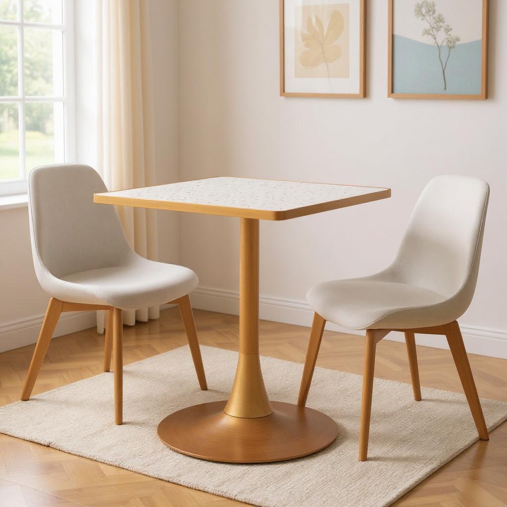 24 Beige and Gold Wood and Steel Pedestal Base Square Dining Table