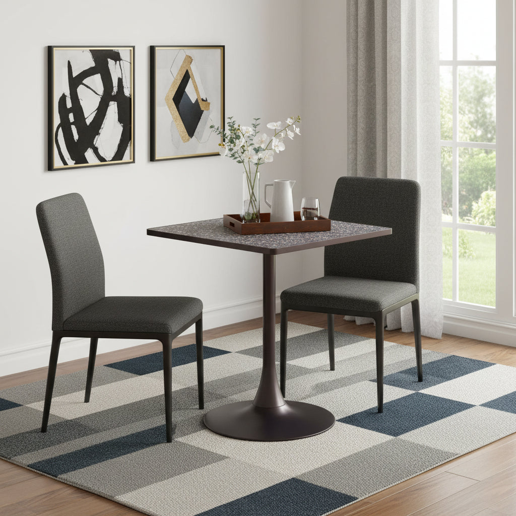 24 Black Wood and Steel Faux Terrazzo Pedestal Base Square Dining Table