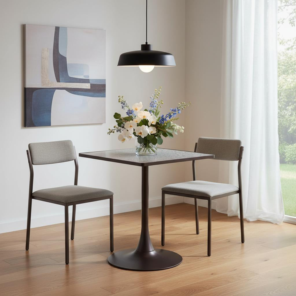 24 Gray Wood and Steel Faux Terrazzo Pedestal Base Square Dining Table