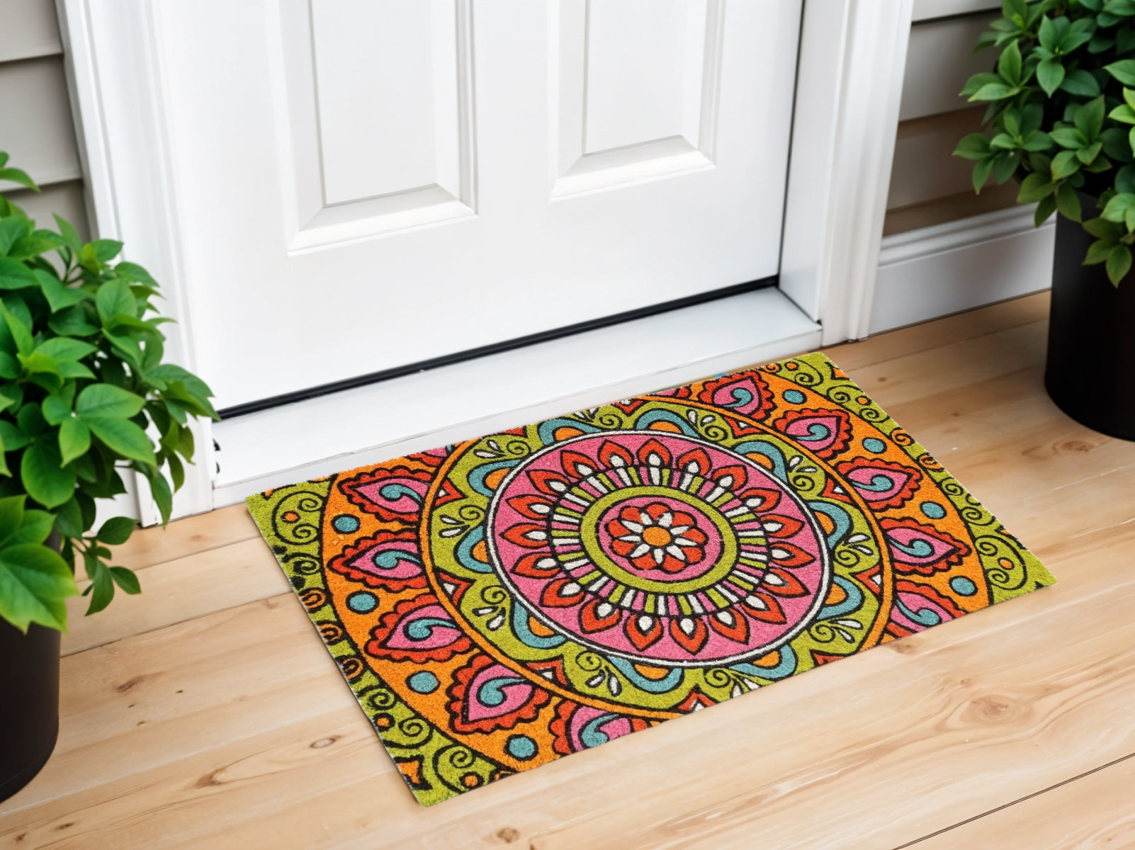 18'' X 30'' Green and Pink Coir Abstract Outdoor Door Mat