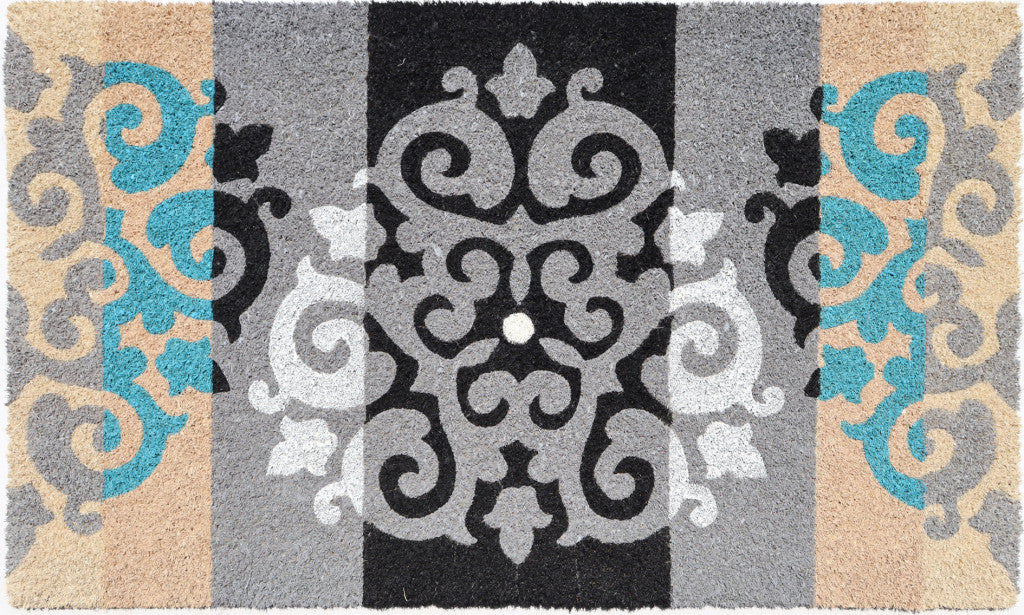 18'' X 30'' Beige and White Coir Damask Outdoor Door Mat