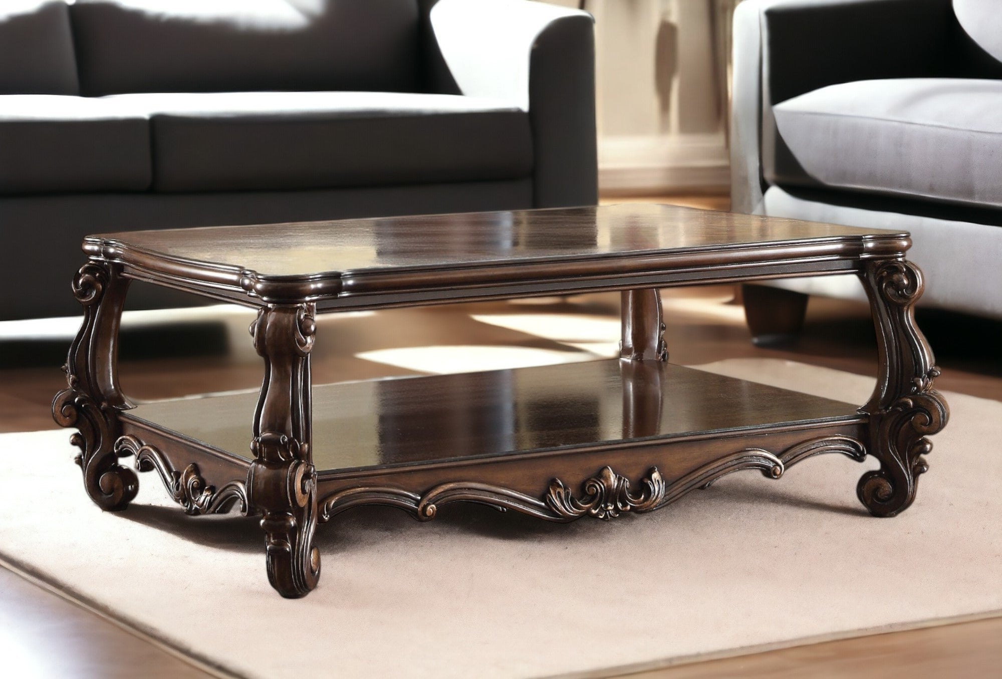 59'' Brown Solid Wood And Solid Wood And Polyresin Coffee Table With Shelf